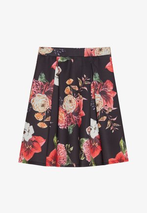 Florale rok met een zwarte achtergrond en kleurrijke bloemen, geplooid design en een gladde stofstructuur. De tailleband is elastisch.