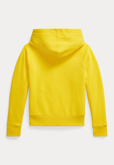 Gul hættetrøje med en glat tekstur, der har hætte, lange ærmer samt ribkant ved ærmer og kant. Bagfra ses et enkelt design uden logoer.