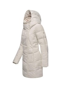 Manteau matelassé beige clair avec un col haut et une capuche. Doté d'une fermeture éclair et de manches longues avec des poignets côtelés. Texture lisse avec un design matelassé.