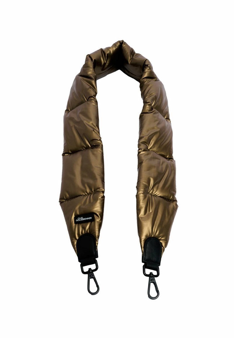 Gevoerde schouderband van glanzende bronzen stof met zwarte leren accenten en metalen clips. Beschikt over een gekleurde textuur en een ergonomisch ontwerp.