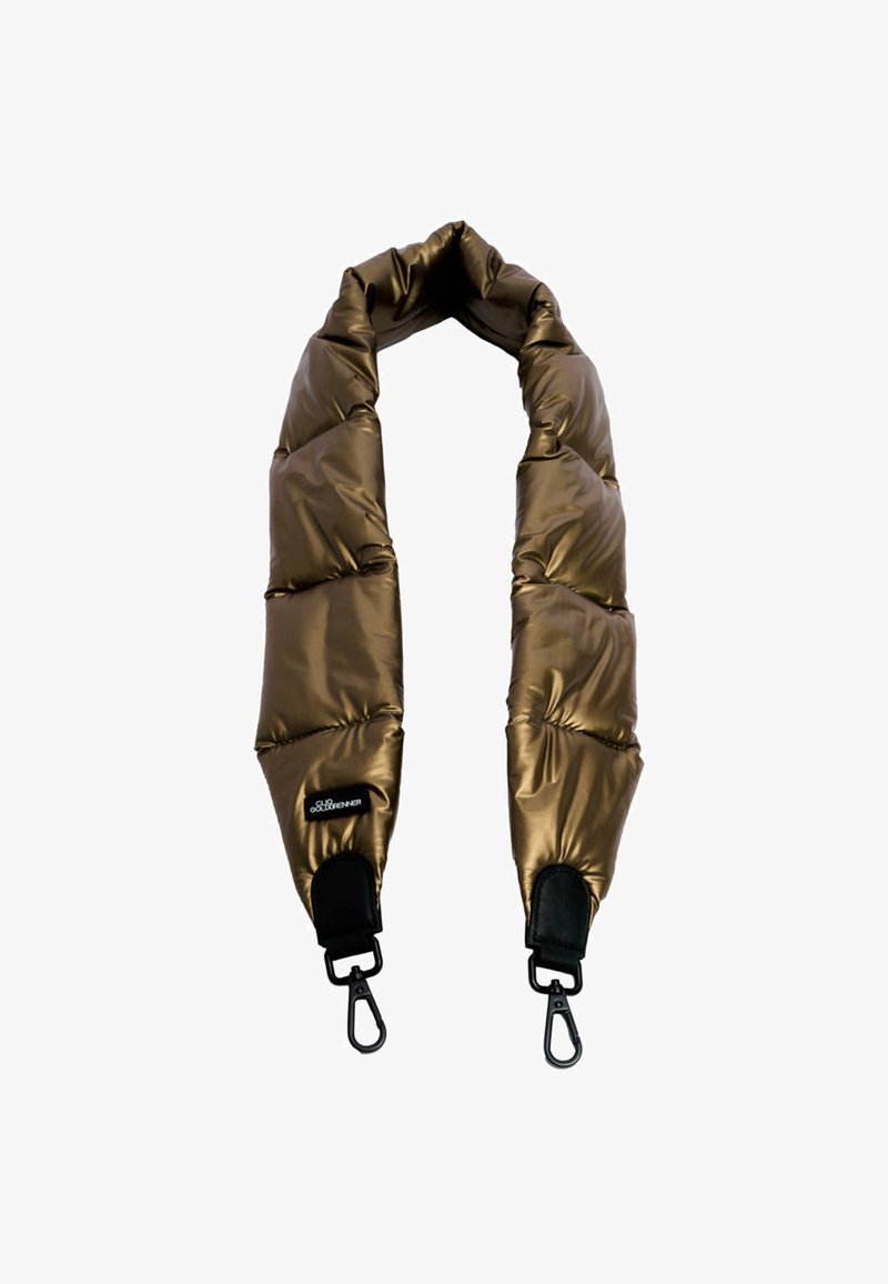 Gevoerde schouderband van glanzende bronzen stof met zwarte leren accenten en metalen clips. Beschikt over een gekleurde textuur en een ergonomisch ontwerp.