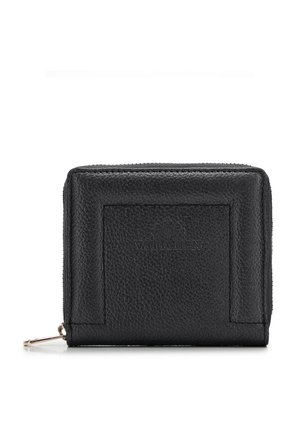 Portefeuille en cuir noir avec une finition texturée, de forme rectangulaire, fermeture éclair et logo embossé. Il possède un tirette en métal.