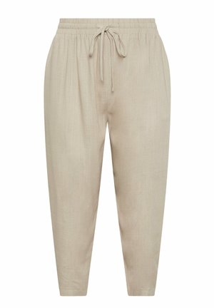 Beige linen blend pants with elastic waistband and adjustable drawstring, tapered legs, designed for casual comfort.