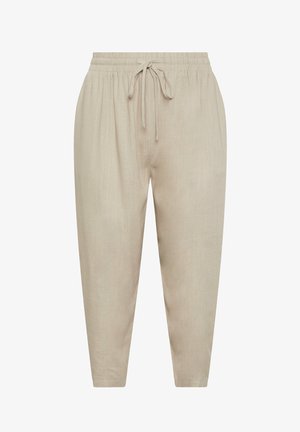 Beige Leinenmischungshose mit elastischem Bund und verstellbarem Kordelzug, schmal zulaufende Beine, für lässigen Komfort konzipiert.