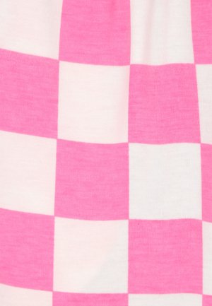 Cotton fabric with a pink and white checkered pattern. Features a smooth texture and rectangular blocks in alternating colors.