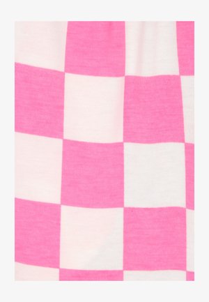 Baumwollstoff mit einem pink-weißen Karomuster. Hat eine glatte Textur und rechteckige Felder in wechselnden Farben.