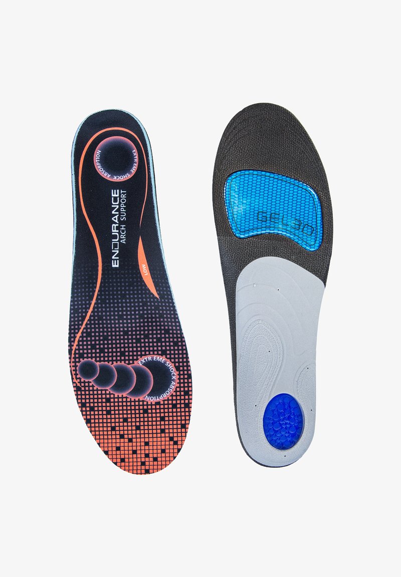 Ortopedinen pohjallinen, jossa on musta kangaspinta oransseilla ja sinisillä yksityiskohdilla, teksturoitu harmaa pohja ja sininen geelipehmuste tukemiseen.