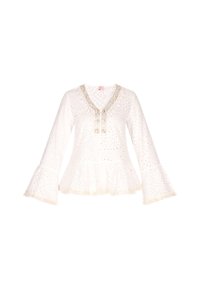 Witte peplumtop met uitlopende mouwen, oogjes patroon, versierde halslijn en franjes aan de mouwen en onderkant.