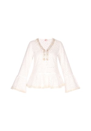 Bela peplum majica z razširjenimi rokavi, z vzorcem očesnih lukenj, okrašeno dekoltejem ter z resicami na manšetah in robu.