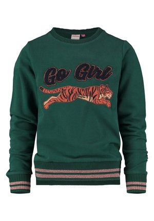 Green sweatshirt featuring an embroidered tiger graphic, "Go Girl" text in shiny font, and ribbed cuffs and hem with pink accents.