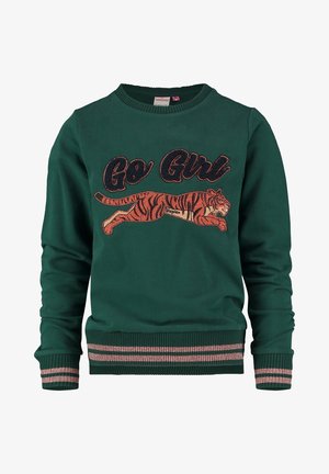 Sweatshirt vert avec un tigre brodé, texte "Go Girl" en police brillante, et poignets et ourlet côtelés avec des accents roses.