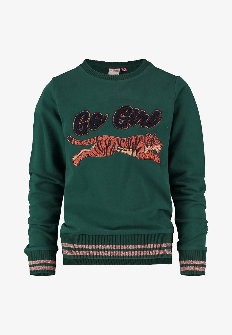 Sweatshirt vert avec un tigre brodé, texte "Go Girl" en police brillante, et poignets et ourlet côtelés avec des accents roses.