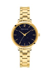 Reloj de pulsera de metal dorado con una esfera en azul marino con un acabado brillante, manecillas doradas y marcadores de horas. Correa estilo pulsera con eslabones pulidos.