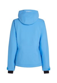 Blauwe jas van waterdicht materiaal, met een capuchon, elastische manchetten met zwarte accenten en een gladde textuur. Achteraanzicht, geen zichtbare zakken.
