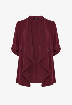 Bordeaux åben cardigan med draperede revers og opsmøgede trekvartærmer, vist mod hvid baggrund.