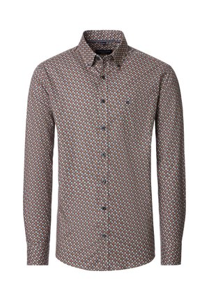 Langärmeliges Hemd mit einem geometrischen Muster in Braun, Blau und Orange. Es hat einen Kent-Kragen, eine durchgehende Knopfleiste und eine Brusttasche.