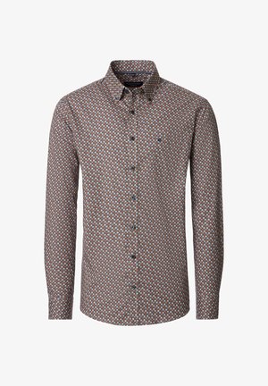 Langärmeliges Hemd mit einem geometrischen Muster in Braun, Blau und Orange. Es hat einen Kent-Kragen, eine durchgehende Knopfleiste und eine Brusttasche.