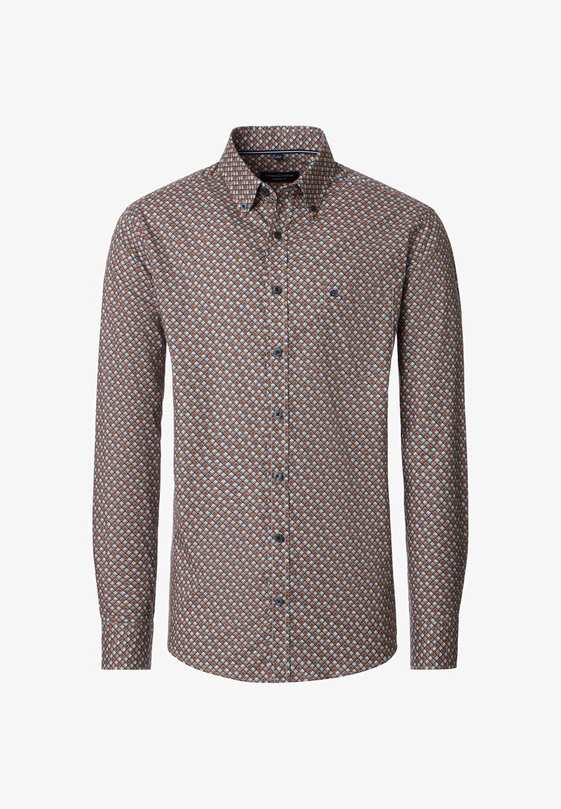 Langärmeliges Hemd mit einem geometrischen Muster in Braun, Blau und Orange. Es hat einen Kent-Kragen, eine durchgehende Knopfleiste und eine Brusttasche.