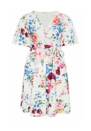 Vestito avvolgente bianco con stampa floreale rosa, blu e rossa, maniche corte a sbuffo e cintura annodata in vita.