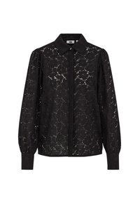 Črna čipkasta bluzica s ovratnikom, dolgimi nabranimi rokavi in gumbi na sprednji strani. Ima cvetlični vzorec in teksturirano blago.