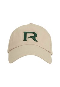 Beige baseball cap with a curved brim and a green embroidered letter "R" on the front. Material appears textured cotton. No additional details.
