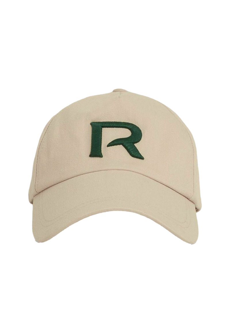 Beige baseball cap with a curved brim and a green embroidered letter "R" on the front. Material appears textured cotton. No additional details.