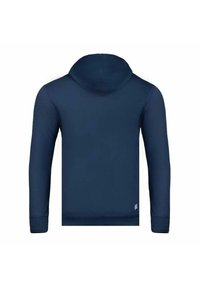 Felpa blu navy con maniche lunghe, cappuccio arrotondato e polsini a costine. Presenta un piccolo logo sul lato sinistro in basso. Texture liscia.