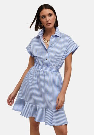 Blue and white striped shirt dress with short sleeves, a button-up front, cinched waist, and a flared ruffled hem. Smooth fabric texture.