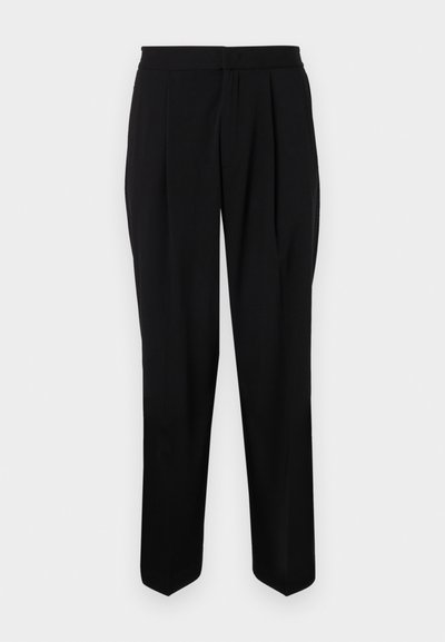 Black tailored trousers with a straight cut, pleated front, and a smooth fabric texture. Features a standard waistband and no visible hardware.