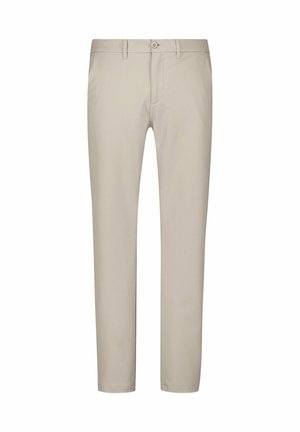 Beige broeken gemaakt van lichtgewicht stof, met een rechte snit, voorzakken en een enkele knoopsluiting bij de taille.