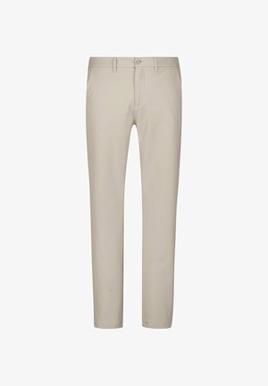 Beige Hosen aus leichtem Stoff, mit geradem Schnitt, Fronttaschen und einem einzelnen Knopfverschluss an der Taille.