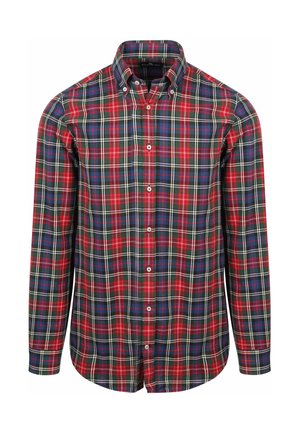 Herenhemd met lange mouwen, knoopsluiting en een rood, groen, blauw en wit ruitpatroon, met een button-down kraag.