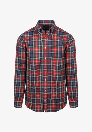 Herenhemd met lange mouwen, knoopsluiting en een rood, groen, blauw en wit ruitpatroon, met een button-down kraag.