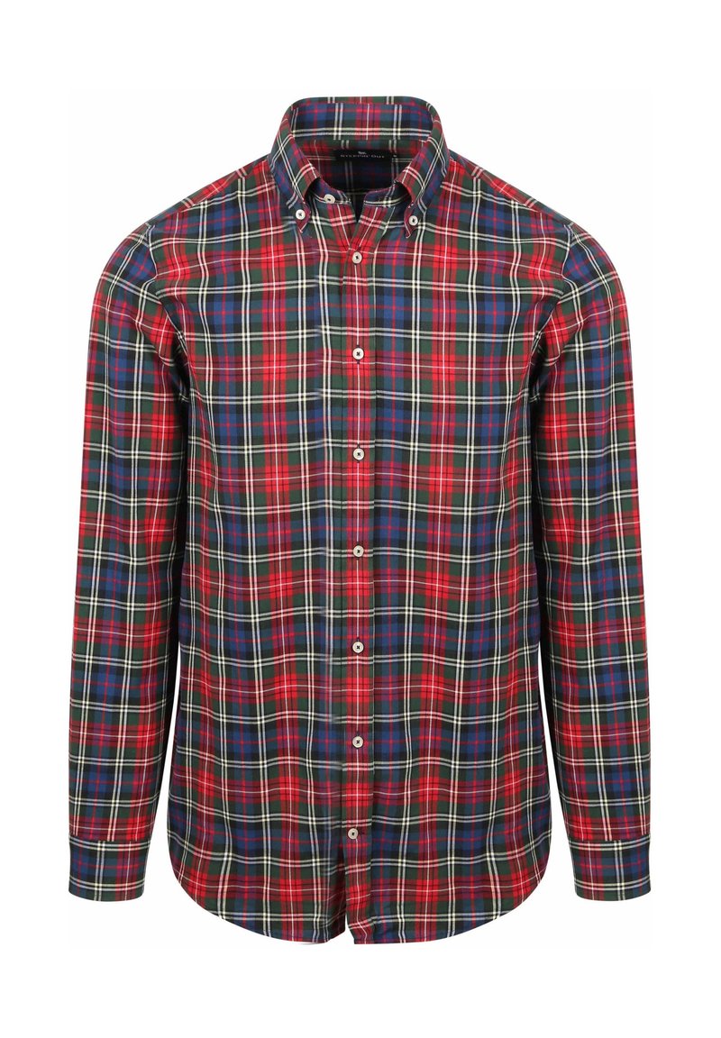 Herenhemd met lange mouwen, knoopsluiting en een rood, groen, blauw en wit ruitpatroon, met een button-down kraag.