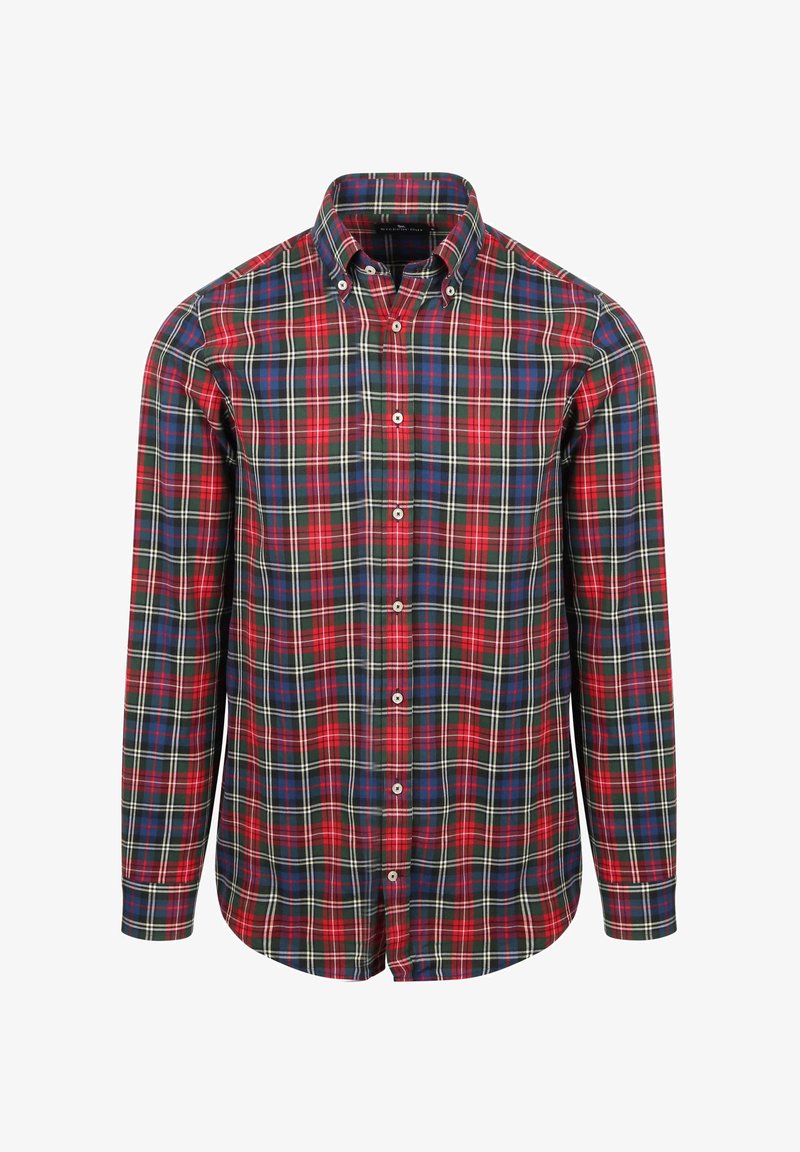 Herenhemd met lange mouwen, knoopsluiting en een rood, groen, blauw en wit ruitpatroon, met een button-down kraag.