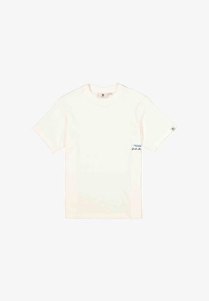 Effen wit T-shirt met korte mouwen, een ronde hals en een klein blauw-zwart tekstdetail aan de rechteronderkant van de voorkant.