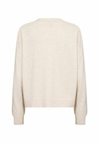 Beige cropped sweater with dropped shoulders, soft texture, and ribbed cuffs. Minimalist design without patterns or embellishments.