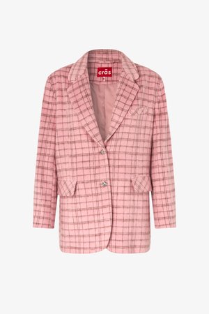 Blazer de lana rosa con patrón de cuadros marrones, solapa con abertura, dos bolsillos con solapa, bolsillo en el pecho y dos botones decorativos plateados.