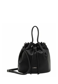 Schwarze Leder-Eimer-Handtasche mit strukturiertem Finish, Kordelzugverschluss, silbernen Hardware-Details und abnehmbarem Schultergurt.