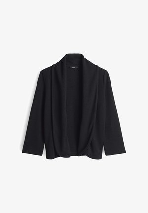 Cardigan nero aperto realizzato in morbido tessuto, con colletto drappeggiato e maniche a tre quarti. Senza chiusure né motivi.