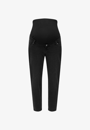 Vaqueros de maternidad negros con una cinturilla elástica sobre la barriga, diseño de cinco bolsillos y forma de pierna ajustada, fabricados en denim.
