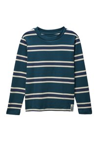 Chemise à manches longues en teal avec des rayures horizontales crème et marine. Tissu doux avec un col arrondi et un détail d'étiquette sur le côté.