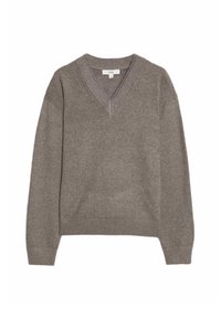 Maglione grigio a maglia con scollatura a V e dettagli a coste ai polsini e all'orlo. Realizzato in materiale morbido, presenta una vestibilità rilassata e una leggera texture.