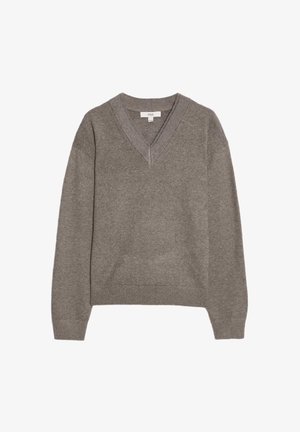 Grijze gebreide trui met een V-hals en ribbelstructuur bij de manchetten en de zoom. Gemaakt van zacht materiaal, heeft een losse pasvorm en een lichte textuur.