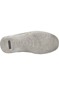 Schuhsohle mit einem strukturierten Wellenmuster. Das Material ist hellfarbiges Gummi mit einer glatten Oberfläche und einem rechteckigen, geprägt Etikett.