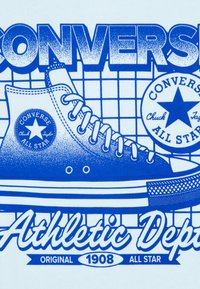 Μπλε γραφικό σχέδιο με παπούτσι Converse με λευκά κορδόνια, λογότυπο αστεριού και κείμενο. Το φόντο περιλαμβάνει μοτίβο πλέγματος. Το κείμενο αναγράφει "Athletic Dept" και "1908."