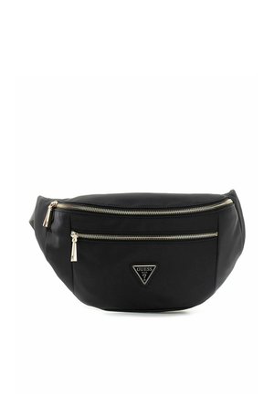 Sac banane noir de la marque Guess avec deux fermetures éclair dorées et un patch logo triangulaire sur la poche avant.