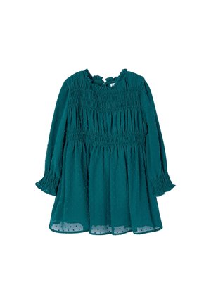 Türkises Kleid aus transparentem Stoff mit strukturierten Polka-Dots, gerafftem Oberteil und langen Ärmeln. Verfügt über einen runden Ausschnitt und Rüschendetails.