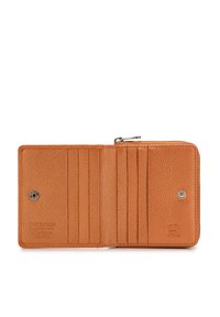 Intérieur d'un portefeuille en cuir marron avec plusieurs emplacements pour cartes, finition texturée et quincaillerie en argent. Comprend un compartiment zippé et une protection RFID.