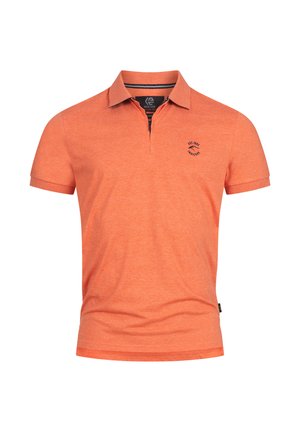 Korte mouwen polo in feloranje, gemaakt van een gestructureerde stof, met een ritssluiting bij de hals en een logo op de linkerborst.